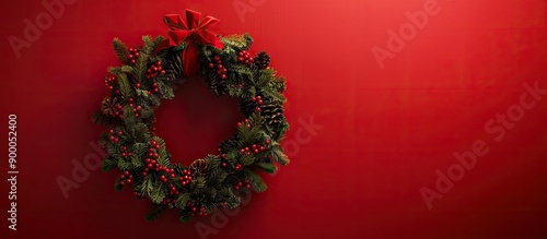 A Christmas wreath hangs el...