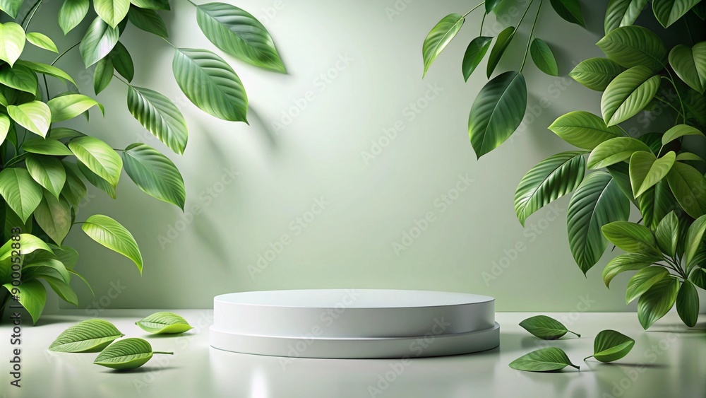 Green leaves and a blank round pedestal on a light green background. Green leaves and a blank round pedestal on a light green background.