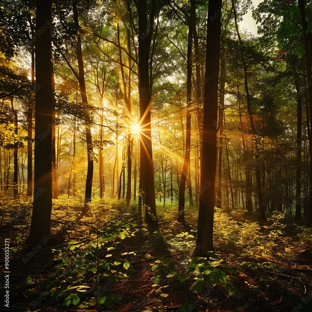 Fototapeta premium Silent Forest in spring with beautiful bright sun rays.