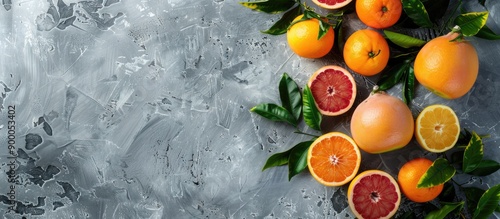 Grapefruits and tangerines arranged on a gray concrete backdrop with room for text Perfect for a copy space image