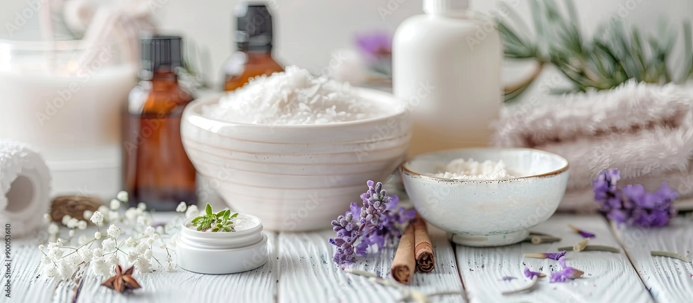 A serene spa setting with an aromatic theme featuring face creams incense and essential oils arranged on a white wooden table with room for additional images A serene spa setting with an aromatic theme featuring face creams incense and essential oils arranged on a white wooden table with room for additional images