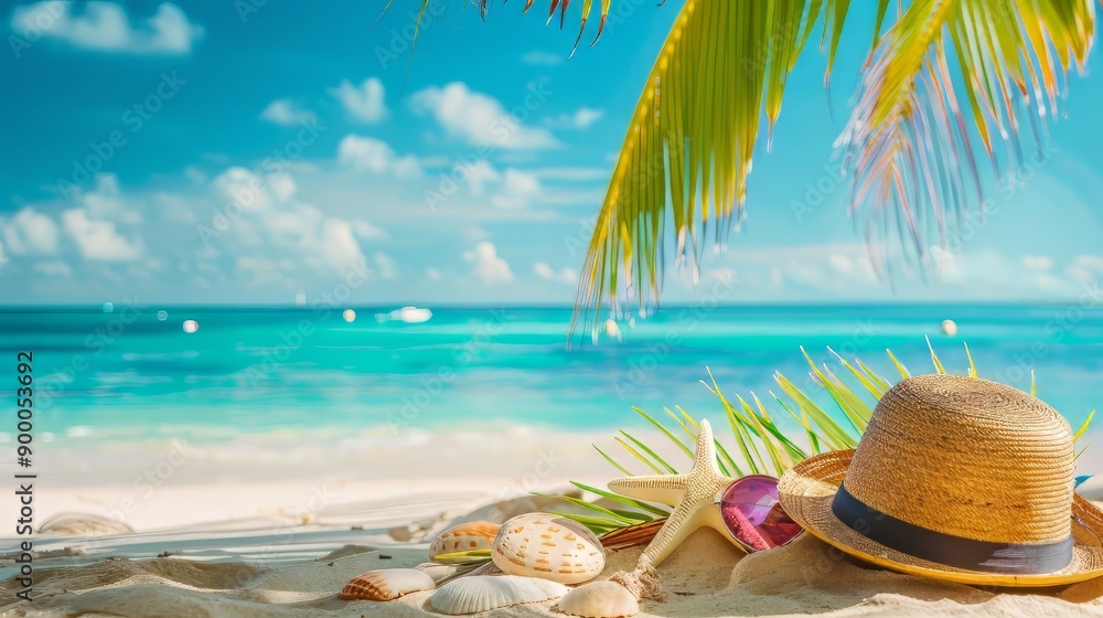 Obraz premium Tropical beach with sunbathing accessories, summer holiday background