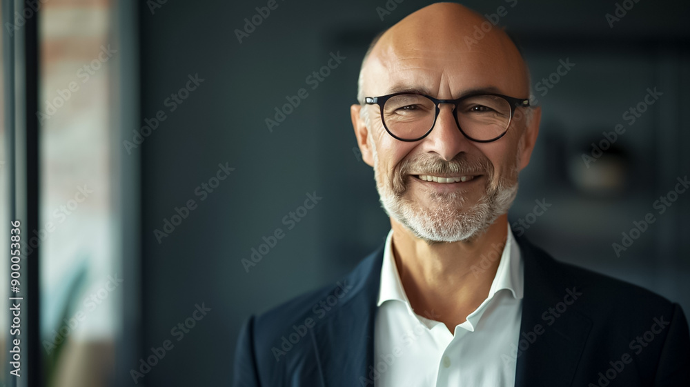 Fototapeta premium A man with glasses is smiling and wearing a suit