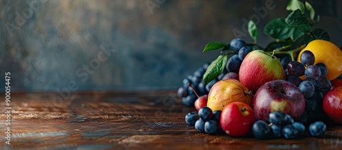 Close up view of a table with fresh ripe fruits leaving adequate copy space for an image