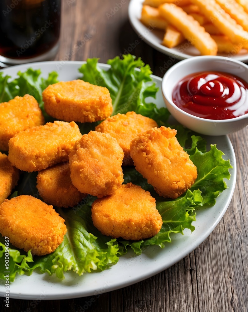 Delicious crispy fried chicken nuggets with sauce and lettuce close-up on the board. Side view. A bunch of nuggets. Ai Generative. Delicious crispy fried chicken nuggets with sauce and lettuce close-up on the board. Side view. A bunch of nuggets. Ai Generative.