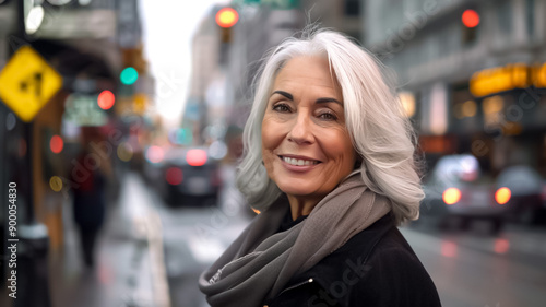 A woman with gray hair is smiling in front of a traffic light