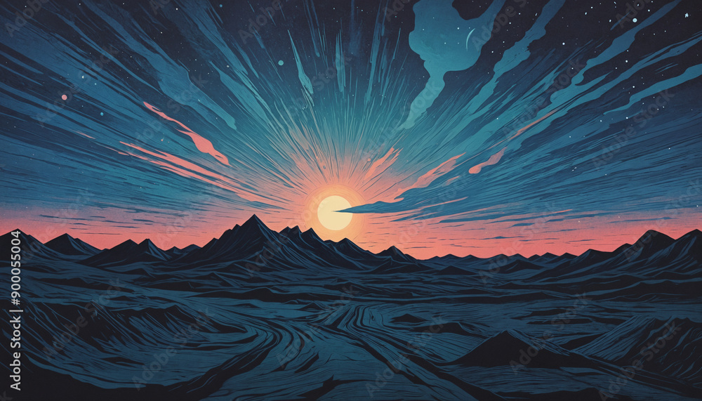 Night Sky on an alien planet, drawing, art,beautiful and majestic adventure