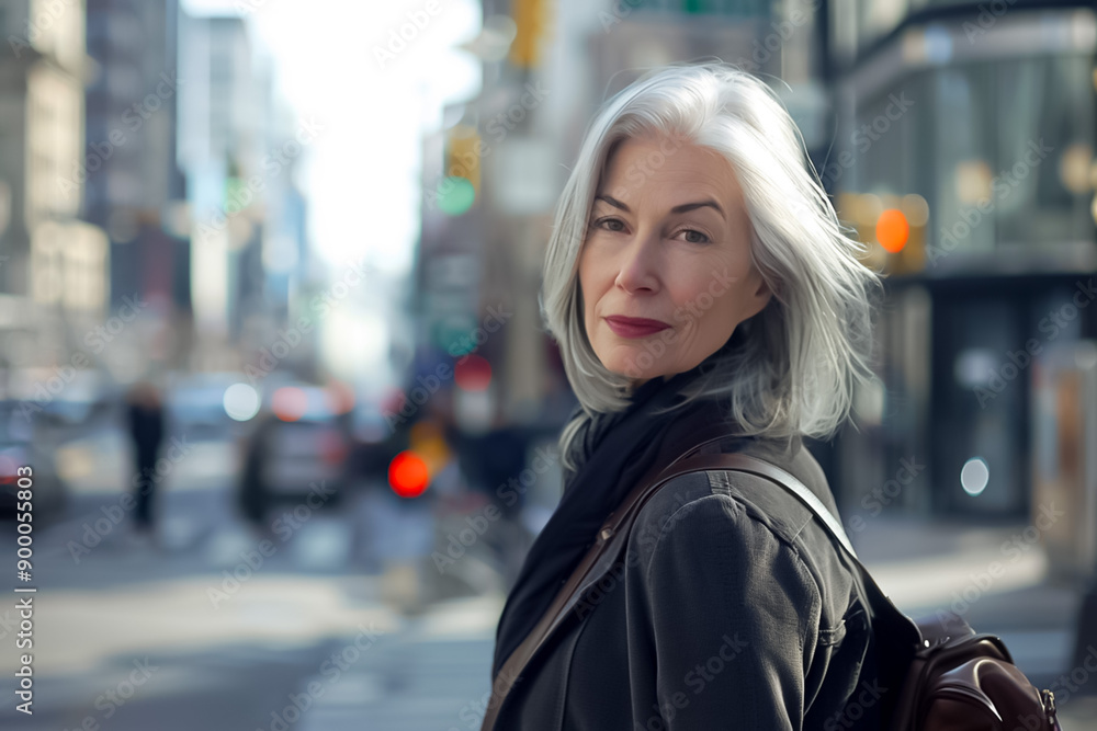 A woman with gray hair is standing on a city street, wearing a black coat A woman with gray hair is standing on a city street, wearing a black coat
