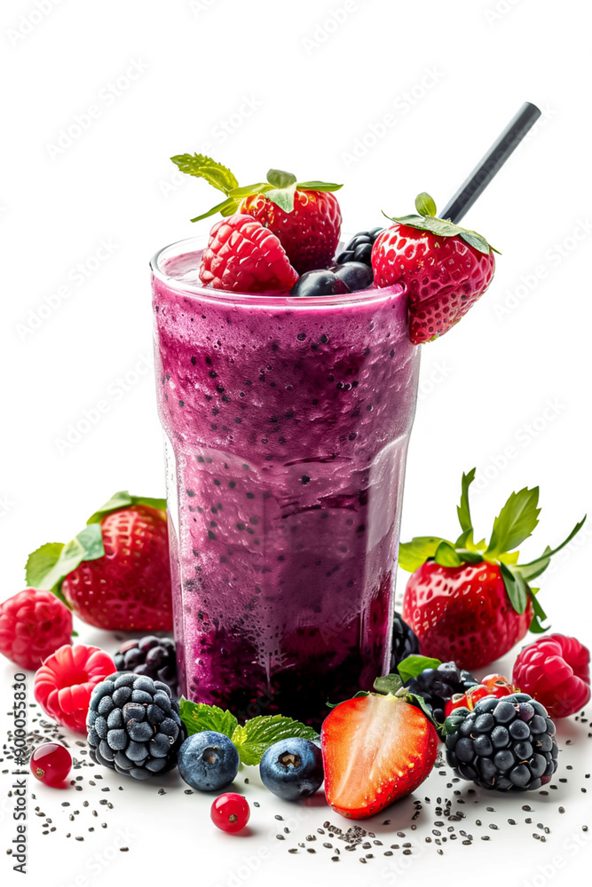 A glass of purple smoothie with strawberries and blueberries A glass of purple smoothie with strawberries and blueberries