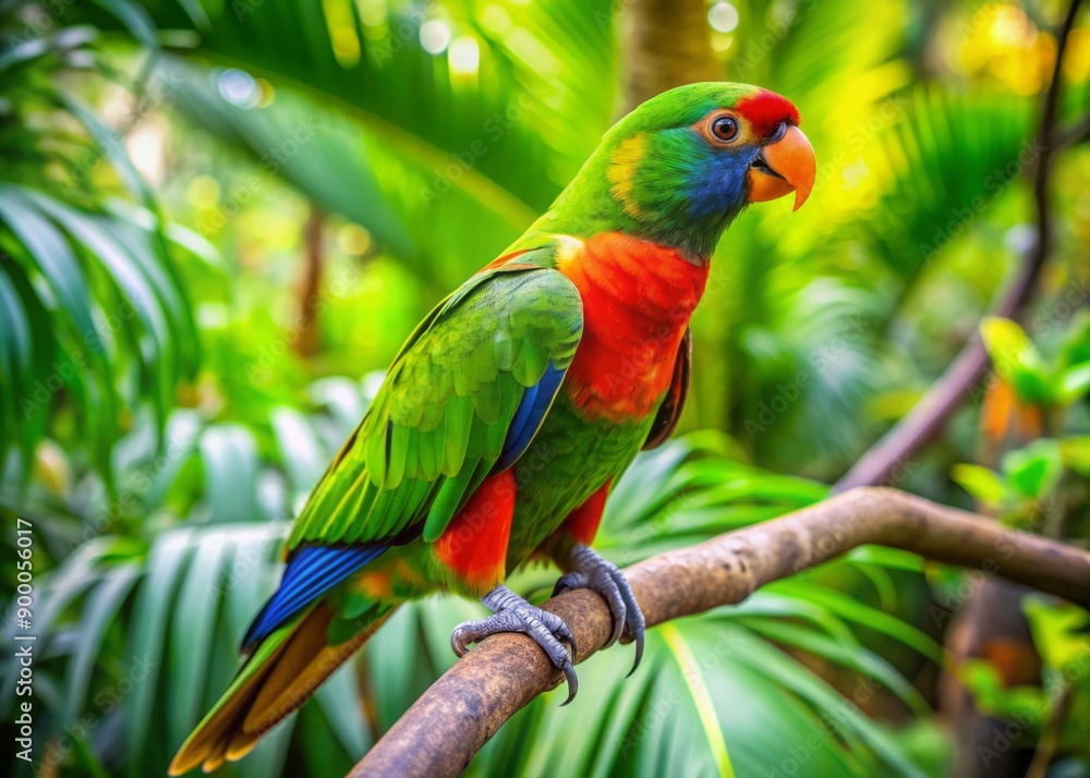 Vibrant green parrot perches on a curved tree branch amidst lush tropical foliage, showcasing its brightly colored plumage and strong claws in a natural habitat. Vibrant green parrot perches on a curved tree branch amidst lush tropical foliage, showcasing its brightly colored plumage and strong claws in a natural habitat.