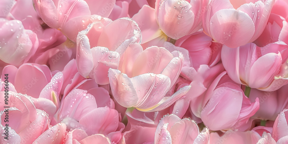 Fototapeta premium a romantic photography style seamless pattern of pink tulips. film, photography, super fresh, and covered with morning dewdrops, creating romantic atmosphere. 