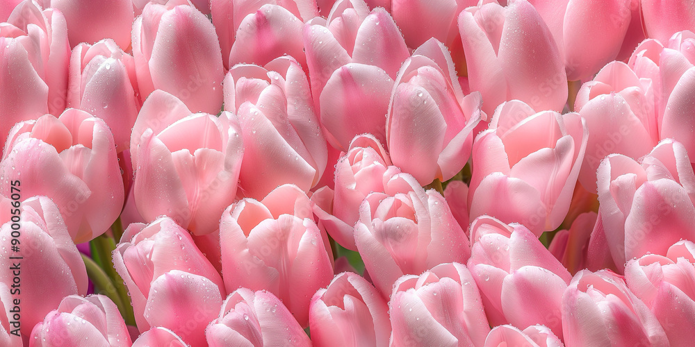 Fototapeta premium a romantic photography style seamless pattern of pink tulips. photography, super fresh, and coverd with dewdrops, creating romantic atmosphere.