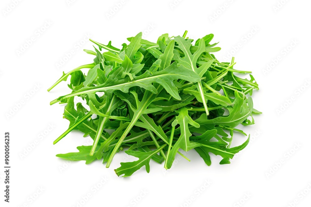 A fresh mound of vibrant green arugula leaves displayed on a white background, ideal for healthy salads and garnishing. A fresh mound of vibrant green arugula leaves displayed on a white background, ideal for healthy salads and garnishing.