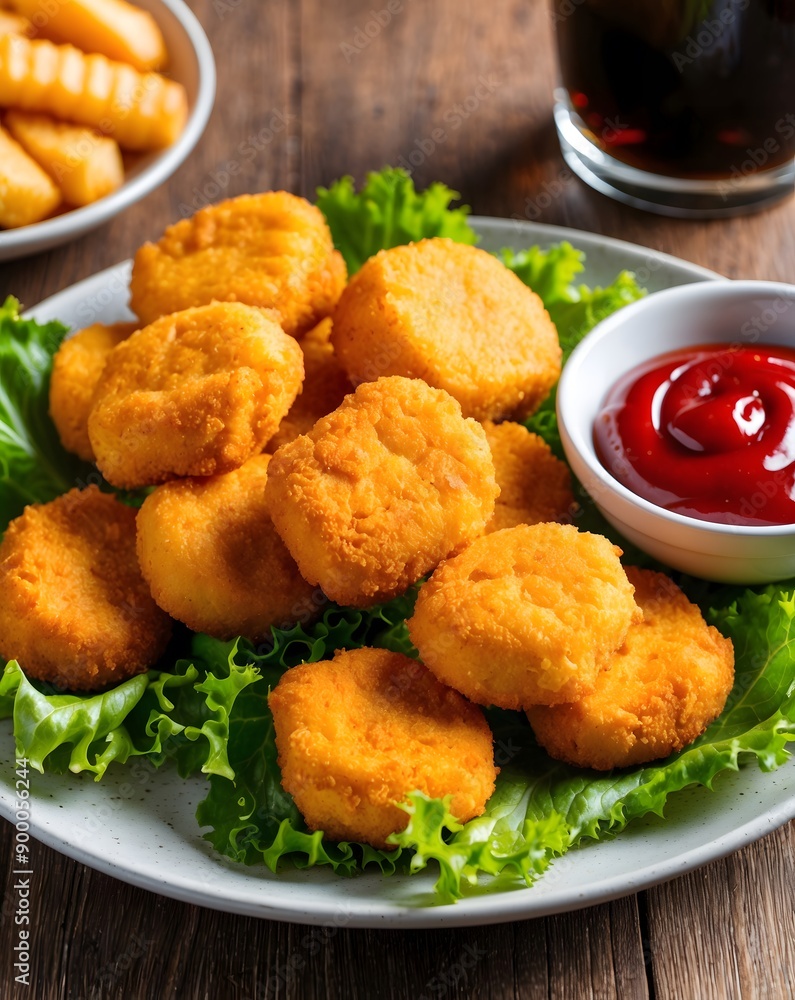 Delicious crispy fried chicken nuggets with sauce and lettuce close-up on the board. Side view. A bunch of nuggets. Ai Generative. Delicious crispy fried chicken nuggets with sauce and lettuce close-up on the board. Side view. A bunch of nuggets. Ai Generative.