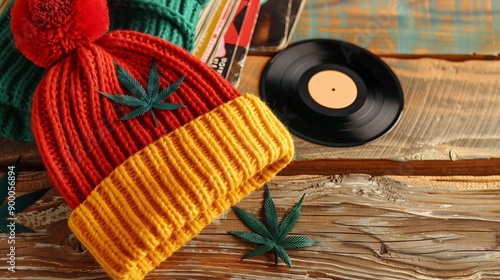 Knitted Rasta Hat with Cannabis Leaves and Vinyl Record photo