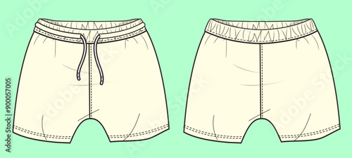 Toddler boys and girls terry fleece shorts flat sketch outline vector fashion illustration template.