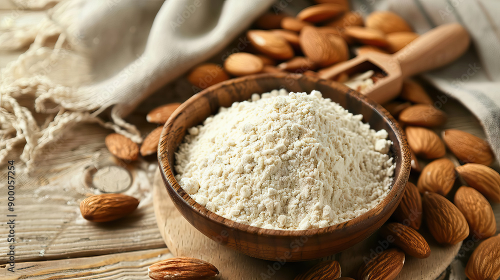 Fresh almond flour in bowl and nuts on wooden table with table cloth with copy space. Fresh almond flour in bowl and nuts on wooden table with table cloth with copy space.