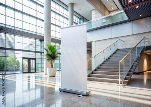 Standing white roll-up banner template in modern business lobby, adjacent to sleek staircase, awaiting custom design, creating professional commercial display environment.
