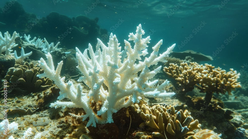 Coral bleaching event in a tropical reef, underwater scene showing pale corals Coral bleaching event in a tropical reef, underwater scene showing pale corals