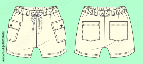 Toddler boys and girls shorts flat sketch outline vector fashion illustration template.