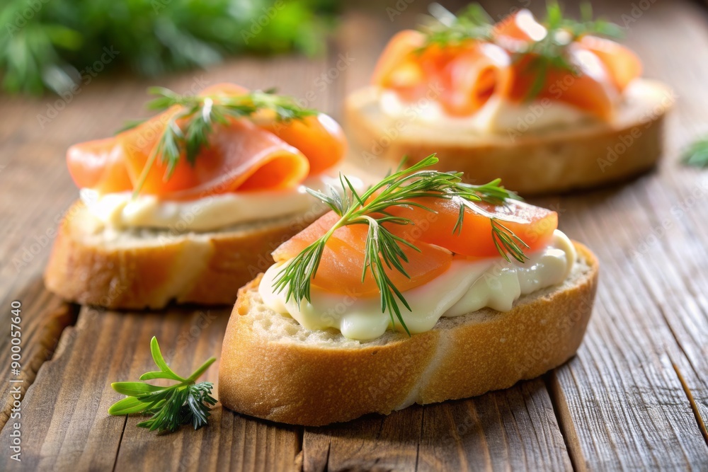 Freshly prepared appetizer featuring tender smoked salmon on a toasted baguette slice, topped with a dollop of creamy sauce and garnished with fresh dill. Freshly prepared appetizer featuring tender smoked salmon on a toasted baguette slice, topped with a dollop of creamy sauce and garnished with fresh dill.