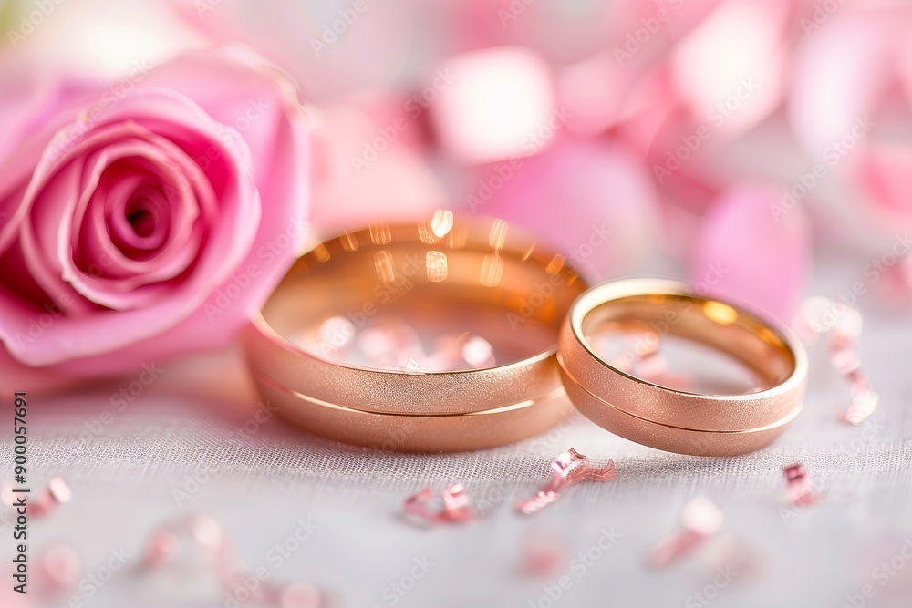 Romantic pink and gold wedding rings with floral accents symbolizing love beauty and commitment in an elegant setting Romantic pink and gold wedding rings with floral accents symbolizing love beauty and commitment in an elegant setting