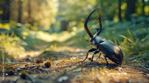 Close-up shot of a stag beetle with five horns on a small forest path, with intricate details of its body and environment. photo