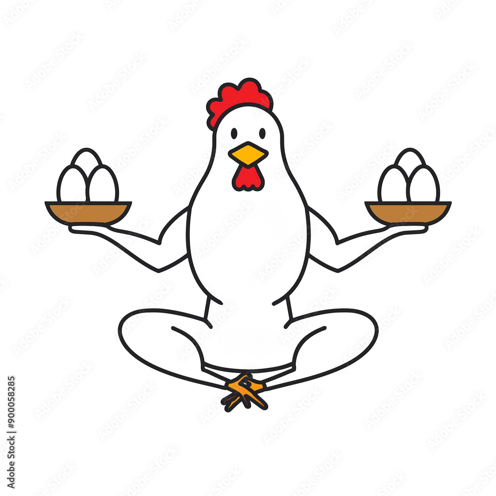 Obraz premium ヨーガのポーズで卵を持っている白い鶏のシュールなイラスト 白背景の切り抜き