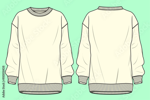 Toddler girls drop shoulder long leg terry fleece sweatshirt flat sketch outline vector fashion illustration template.