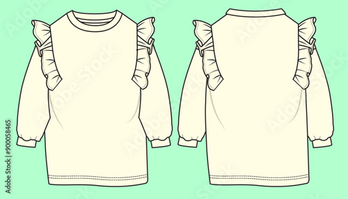 Toddler girls drop shoulder crew neck frill details long leg terry fleece sweatshirt flat sketch outline vector fashion illustration template.