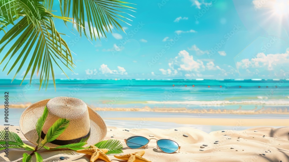 Obraz premium Tropical beach with sunbathing accessories, summer holiday background