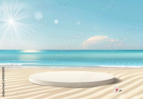 White podium on beach with ocean view. Product presentation mockup for cosmetics. 3D Rendering Mock up