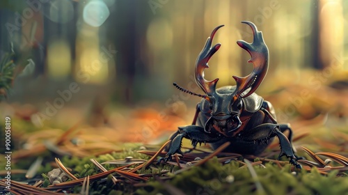 Close-up of a stag beetle with five horns on a bed of pine needles, with forest elements subtly out of focus. photo