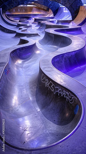 Geometric skate park with angular ramp shapes and sleek board designs in vibrant blue and purple Stock Photo with copy space photo