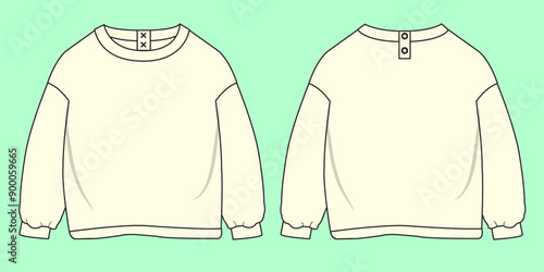 Baby drop shoulder round neck terry fleece sweatshirt flat sketch outline vector fashion illustration template.