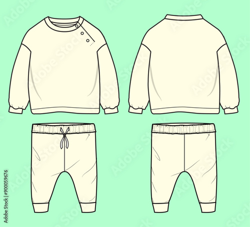 Baby drop shoulder round neck terry fleece sweatshirt and jogger flat sketch outline vector fashion illustration template. 