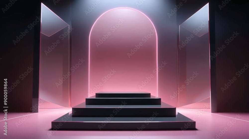 Fototapeta premium Aestheticism meets 3D render as a pink neon light shines through a glass case with circular illumination