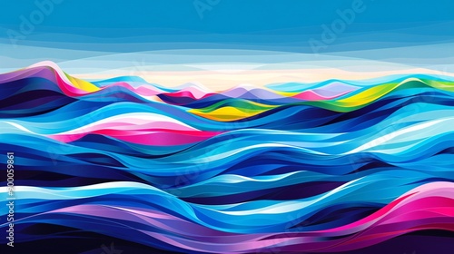 Geometric representation of synchronized swimming pools with fluid wave-like shapes highlighted in bright blue and green tones Stock Photo with copy space