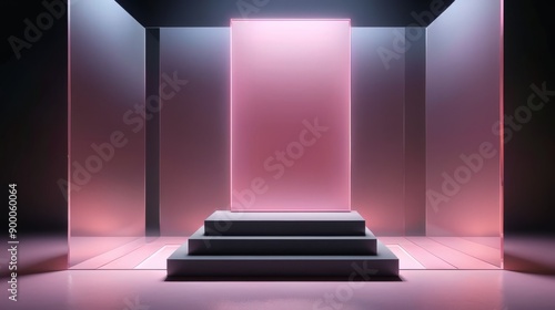 A 3D render showcases a pink neon light shining through a glass case with a circular light, aestheticism