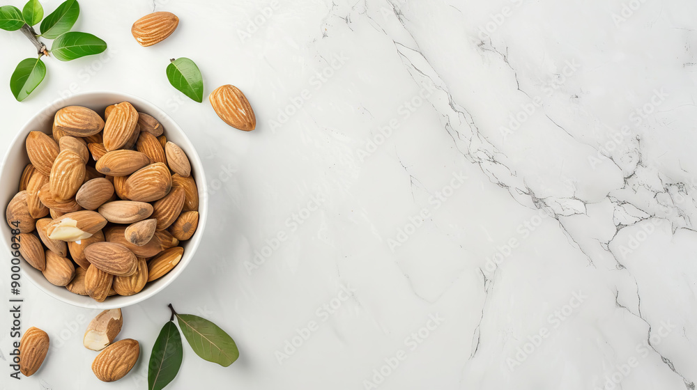top view flat lay Fresh almond flakes, leaves and nuts in bowl on white marble table with copy space. top view flat lay Fresh almond flakes, leaves and nuts in bowl on white marble table with copy space.