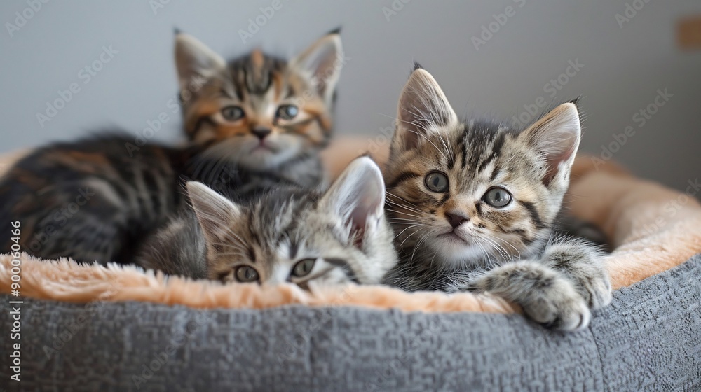 Three Tabby Kittens in a Cozy Cat Bed Three Tabby Kittens in a Cozy Cat Bed