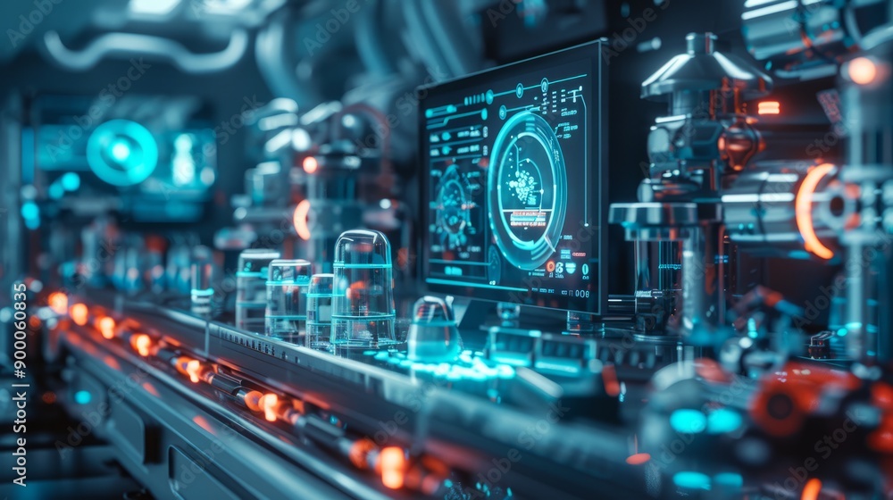 close up view of advanced laboratory equipment with glowing interfaces and holographic displays