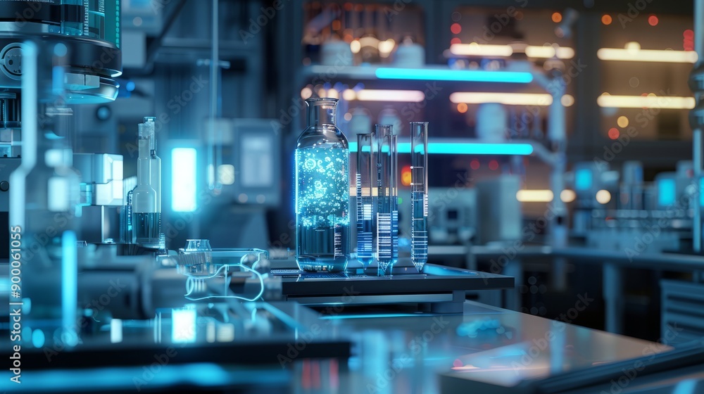 close up view of advanced laboratory equipment with glowing interfaces and holographic displays close up view of advanced laboratory equipment with glowing interfaces and holographic displays