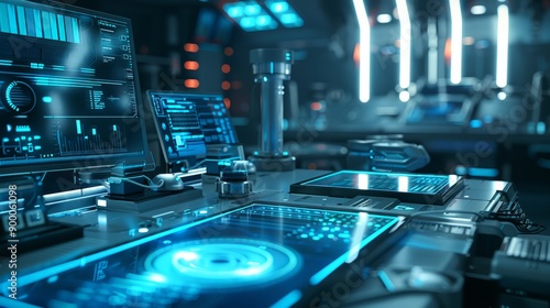 Wallpaper Mural close up view of advanced laboratory equipment with glowing interfaces and holographic displays Torontodigital.ca