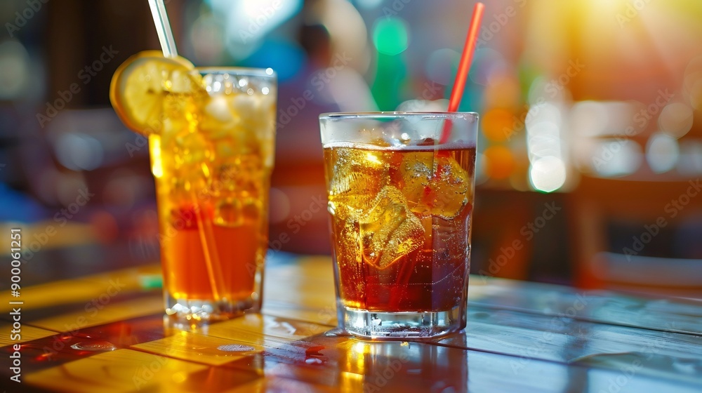 Two Glasses of Refreshing Summer Drinks on a Wooden Table Two Glasses of Refreshing Summer Drinks on a Wooden Table