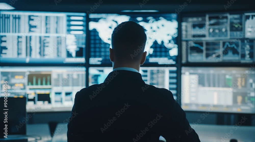 The Global Network: A lone figure, a man in a suit, stands in front of a wall of monitors displaying data and world maps. A silhouette against the glow of the screens
