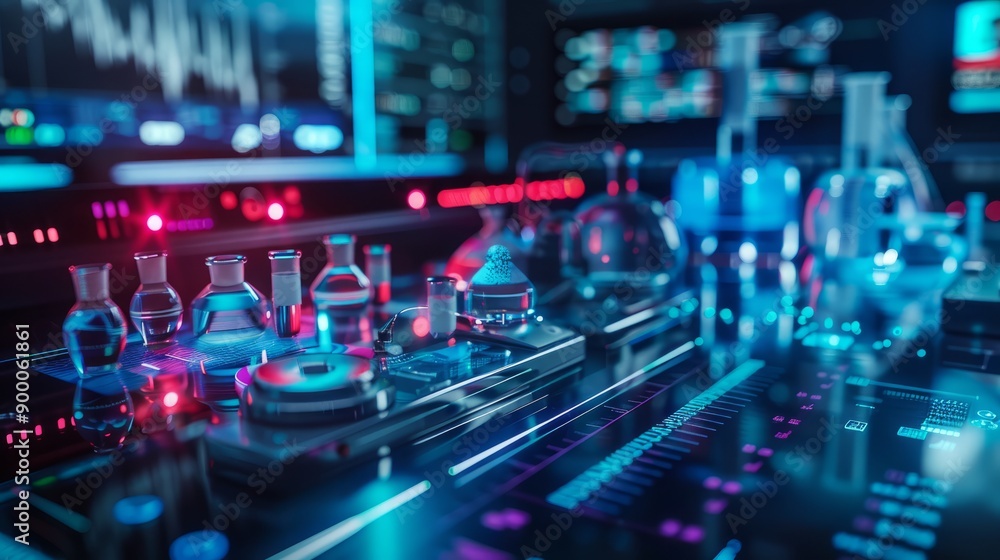 close up view of advanced laboratory equipment with glowing interfaces and holographic displays close up view of advanced laboratory equipment with glowing interfaces and holographic displays