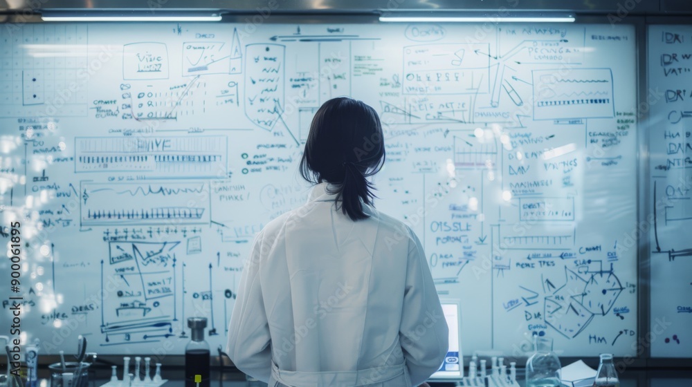 Back view of a scientist writing formulas on a whiteboard in a research facility Back view of a scientist writing formulas on a whiteboard in a research facility