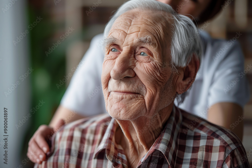 Senior man smiling with caregiver behind him, elderly care concept