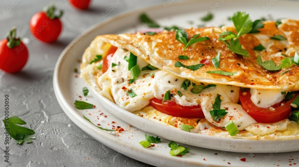 The omelette explosion podium pops with vibrant veggies and melted cheese, sunlight filtering through the rich and colorful filling, banner, with copy space